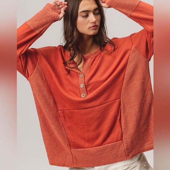 BiBi French Terry Knit Cozy Henley Long Sleeve Thumbhole Top Sz Large - Picture 3 of 11